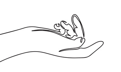 Human hand one line continuous. Line art, outline isolated on white background. Vector illustration.