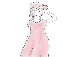 帽子をかぶる女性　ピンク