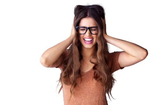 Excited, woman and portrait with hands on head for surprise, happy celebration or reaction on isolated, transparent and png background. Girl in glasses, face with smile and cover ears in shock