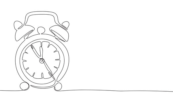 Alarm o'clock one line continuous. Line art, outline isolated on white background. Vector illustration.