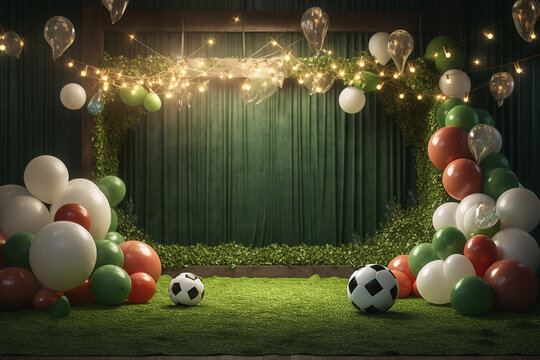 Football Field With Lighting, Arena With Balloons, Football Player's Birthday Backdrop