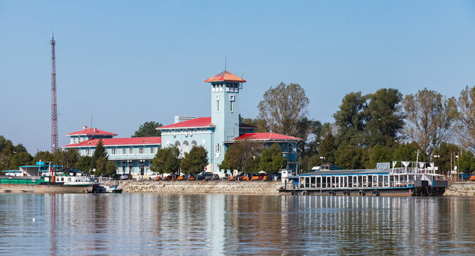 Giurgiu port view on a sunny day with administrative buildings