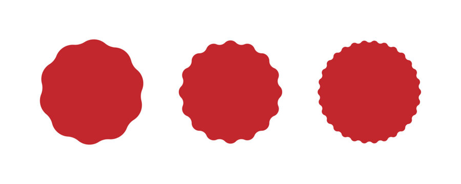 Wavy edge circle sticker. Star burst shape tags for price. Blank sale round sticker. Empty promo badge. Simple circle red wax seal. Vector illustrations set isolated on white background.