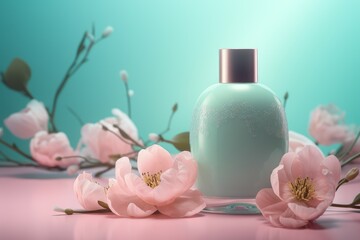 Obraz na płótnie Canvas Cosmetic bottle flowers perfume. Generate Ai