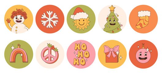 Groovy hippie Christmas round stickers. Santa Claus, Christmas tree, gifts, rainbow, peace, ho ho ho, winter, gingerbread in trendy retro cartoon style. Cartoon characters and elements.
