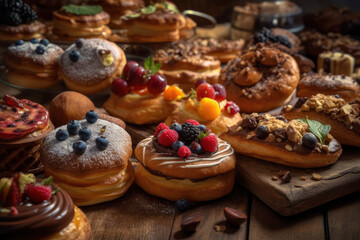 Naklejka na ściany i meble Many different delicious sweet pastries, cakes, rolls and muffins with fresh fruits and berries, tasty assorted desserts, AI Generated