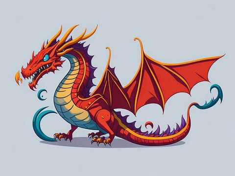 Fairy tale dragon, magic creature with tail and wings. cartoon illustration of fire breathing monsters from medieval mythology, fantasy red and green flying beasts isola, Generative AI, Generative, AI
