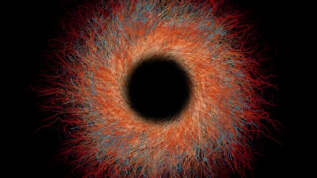Animated spiraling particles creating an Eye effect of a nebula black hole like object.