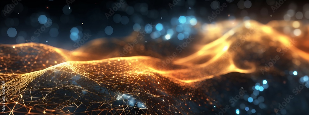 Aufkleber Texture abstract future technology lines with dots, network mesh background banner illustration 3d - Network connection digital data and big data concept. Dark blue gold glowing Generative AI