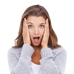 Portrait, wow and surprise with a woman isolated on a transparent background for an announcement....