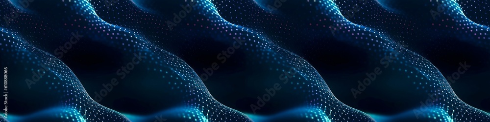 Fototapete Texture abstract future technology lines with dots, waves, network mesh background banner illustration 3d - Network connection digital data and big data concept dark blue Generative AI