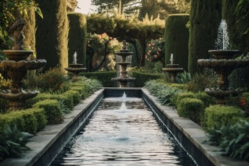 Fountain paths bushes street. Generate Ai