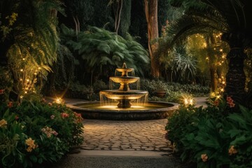 Fountain paths bushes path. Generate Ai