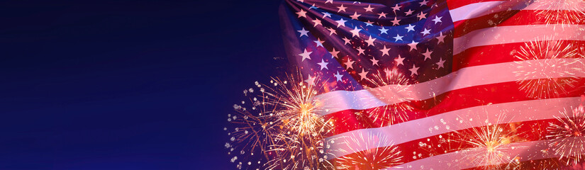 USA flag on fireworks background. American holiday concept. 3d illustration