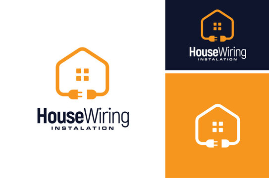 Electric Plug Wire Cable with House for Wiring Home Electricity Installation logo design