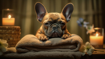 Zen Dog: French Bulldog in Towel Finds Tranquility in Spa Studio with Bokeh and Serene Atmosphere. Generative AI