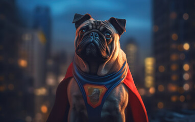Fototapeta na wymiar Pug Hero: Courageous Dog in Superhero Attire. Generative AI
