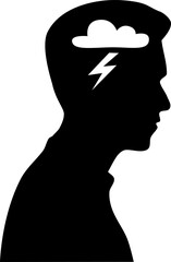 Mental health problems concept. Black and white profile of a man with a thunderstorm and lightning in his head. Modern illustration of cartoon character flat style isolated on white