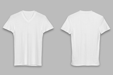 Black White v-neck t-shirt template. Short sleeve t-shirt realistic mockup, isolated on a grey background. Front  and back sides.3d rendering.