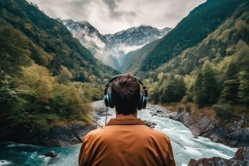 Relaxation in mountains. Young man with headphones sitting on the edge of cliff and listening music. Generative AI