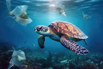 World ocean pollution, Turtle and plastic bags underwater. Generative AI