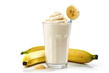 Naklejka premium Banana milkshake with fresh bananas isolated on white background. Generative AI