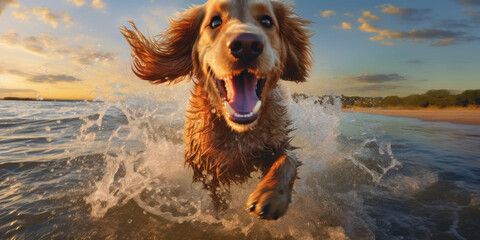 Coastal Canine: Happy Cocker Spaniel Dog Jumping in the Sea with a Funny Expression at the Beach. Generative AI