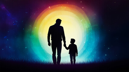 Abstract colourful ink background father and son holding hands together silhouette generative AI