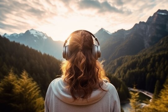 Back view Woman in headphones listening music in the mountains. Generative AI