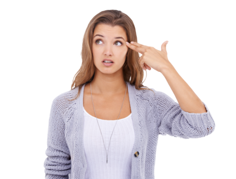 Frustrated, woman and finger for gun on head to gesture suicide, shooting or pistol on isolated, png or transparent background. Girl, hand and expression for killing, pointing fingers to shoot