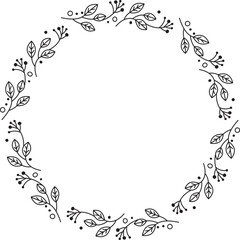 Floral wreath in line art style.  Circle of leaves from outlines. Doodle style. Vector illustration. - 610889260