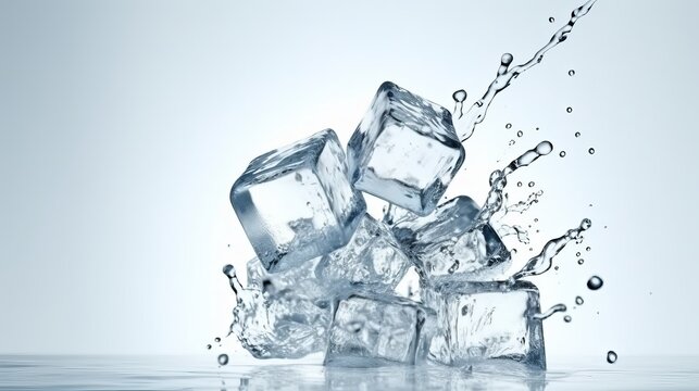 Ice cubes with water splashes isolated on white background. 3d illustration