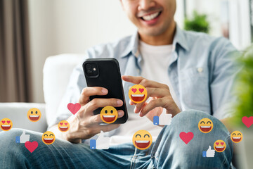 Man using smartphone typing, chatting conversation, watching video live streaming. Social network,...