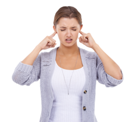 Pain, woman and block ears isolated on a transparent png background. Stress, frustrated or person cover ear for silence, ignore or stop listening to loud sound, tinnitus or noise, headache or problem