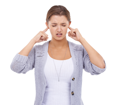 Pain, woman and block ears isolated on a transparent png background. Stress, frustrated or person cover ear for silence, ignore or stop listening to loud sound, tinnitus or noise, headache or problem