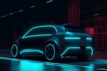 Neon electric future car. Generate Ai