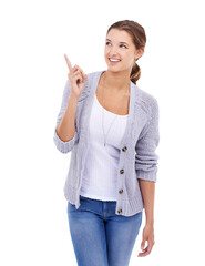 Smile, happy and a woman pointing finger isolated on a transparent, png background. A young female model person from Canada with hand sign to show advertising promotion deal, choice or announcement