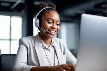 Smiling American customer service representative working with a headset in the office. Call center agent with headset making a video call. Black woman telemarketing agent works in a call center. AI.