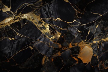 Abstract black marble background with golden veins AI generated.