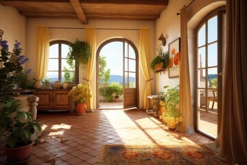 Stylish Italian house terrace, living room interior. Generative AI
