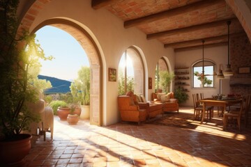 Fototapeta na wymiar Stylish Italian house terrace, living room interior. Generative AI