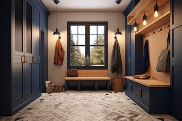 Modern mudroom interior, entrance hall in house, home storage space. Generative AI