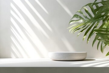 Fototapeta na wymiar Clean and Minimal White Counter Podium with Soft and Beautiful Dappled Design. Generative AI