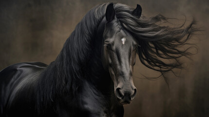 Graceful black horse with luxurious mane looks at camera standing on dark background. generative AI