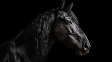 Graceful black horse with luxurious mane looks at camera standing on dark background. Portrait of elegant animal generative AI