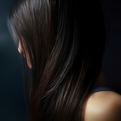 closeup of a beautiful young woman with long black hair on a dark background. Generative AI