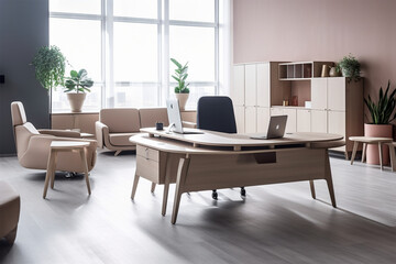 modern office with wood and wood panels 3d render, in the style of soft-edged, minimalist monochromes