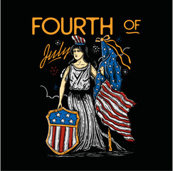 goddess, liberty with american flag and shield on fourth (4th) of july illustration