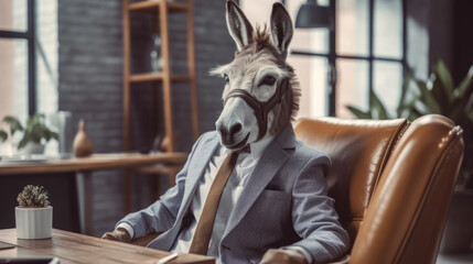 A donkey in a businessman costume in an office at the workplace, a boss in a company. A caricature, a joke, funny. generative AI.