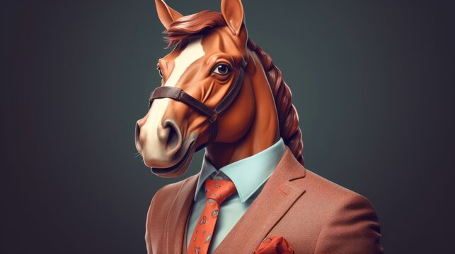 Head of horse put on human body in classic brown suit with orange tie. Domestic animal dressed in formal outfit on dark background generative AI